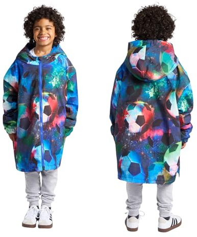 OHS Kids Oversized Waterproof Changing Robe, Lightweight Boys Girls Rain Coat Breathable Fleece Lining Dry Robe with Hood & Pockets Drying Robe for Beach Surfing Outdoor, Neon - Football, L/XL