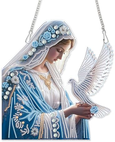AiYuanzsh Oversized Diamond Art Hanging Kit Virgin Mary with Dove, Religious Special Shaped Diamond Painting Suncatcher Ornament for Adults DIY Spiritual Wall Window Pendant Decor