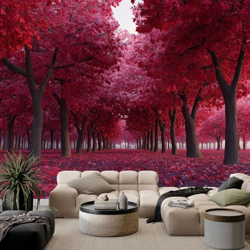 Wandtapete Herbst Natürlicher Wald Ahornblätter Fototapete Rot Vliestapete Bild Dekoration Wand-Dekor, 200 x 140 cm 3D Effekt Tapete Panorama Poster Für Schlafzimmer Wohnzimmer Kinderzimmer