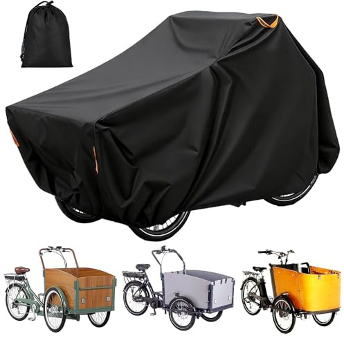 BIZOI Copri Bici Cargo Copertura per Bicicletta, 420D Oxford Impermeabile Telo Bicicletta da Esterno, Resistente ai Raggi UV e Antistrappo per Bici da Carico a Due Ruote, 220 x 100 x 110cm