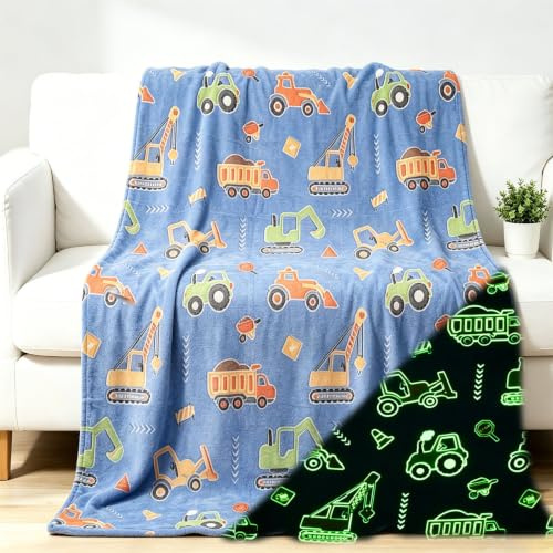 Decke Leuchtet im Dunkeln Kinderdecke Dinosaurier Weltraum Fußball Bagger Kuscheldecke Leuchtende Decke für Kinder Jungen und Mädchen Kuschelig Warme Geschenk Deck (Bagger, 150x200cm)