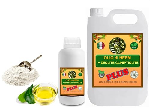 GSW© Olio di NEEM PLUS Potenziato con Zeolite e Chabasite Biologico Olio di Neem Solubile Ottimo su Orto e Giardino, 100% Naturale No OGM Atossico per Piante, Animali, Persone, Ambiente (5 Litri PLUS)
