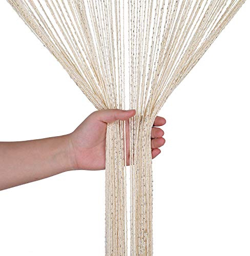 WedDecor Beige String Curtains Glitter Fringe Panel Fly Screen Room Divider Tassel Curtain for Doors, Doorway, Windows, Home Décor, Event Decoration, (90cm x 200cm)