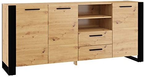 BIM Furniture Kommode Nuka – Sideboard 45x197x87 cm mit 3 Türen und 2 Schubladen, Wohnzimmerkommode, Viel Stauraum - Eiche Artisan/Matt Schwarz