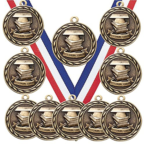 Express Medals Outstanding Student Scholastic Gold Medals Trophy Award with Neck Ribbons MA - (Pack of 10)