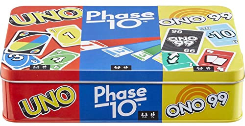 Mattel Games Set of 3 Card Games with UNO, Phase 10 & ONO 99, Travel Fun for Kids & Family Night with Storage Tin Box (Amazon Exclusive)