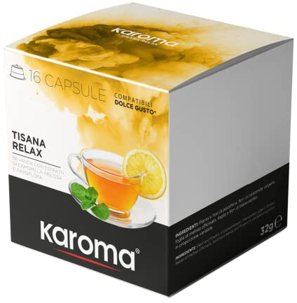Karoma® 16 capsule Tisana Relax bevanda con estratti di Camomilla, Melissa e Passiflora compatibili con Nescafè Dolce Gusto