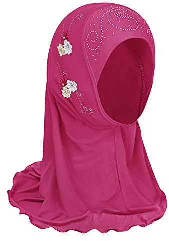 Girls Muslim Hijab Floral Lace Head Scarf Islamic Arab Scarf Shawls Head Wrap with Flowers Rhinestones for Girls