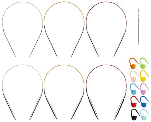 40cm Edelstahl Rundstricknadel Setzen für Anfänger, 6 Stück 2.0, 3, 4, 5, 6 und 8mm Metall Runde Stricknadeln mit magischer Schlaufe, feste Metall Kreisnadeln für Socken, Hüte, Babyschuhe