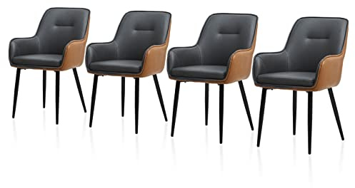 TUKAILAI Esszimmerstühle 4er Set mit Armlehne, Kunstleder Grau und Braun | Polsterstuhl mit gepolstertem Sitz und ergonomischer Rückenlehne, bis 150 kg belastbar, Metallbeine für Küche und Esszimmer
