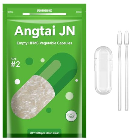 Leere Vegane Kapseln, AngtaiJN Leerkapseln 2 (1000 Stück), Leere Kapseln zum Befüllen mit 2 Mikrolöffeln, DIY Kapselhüllen für den Kapselfüller Größe 2