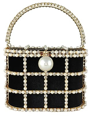 Boutique De FGG Evening Handbags with Pearl Rhinestones Wedding Bucket Totes Bags Party Crystal Clutch Purses,Small, Black#1386, M