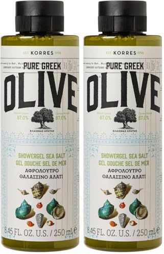 KORRES Olive Sea Salt feuchtigkeitsspendendes Duschgel für geschmeidige Haut, mit extra nativem Olivenöl, vegan, 250 ml (Packung mit 2)