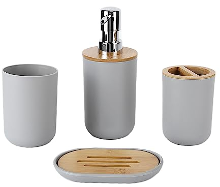 GAESHOW 4 Stück Badezimmer Zubehör Set, Kunststoffe und Bambus Badzubehör, Badezimmer Deko Set Enthalten Zahnbürstenhalter, Seifenspender, Bambus Fach, Zahnputzbecher (grau)