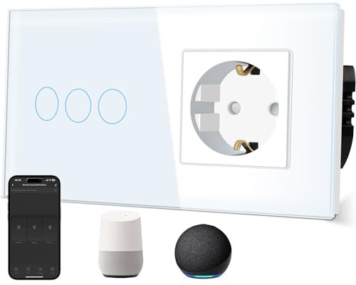 TAWOIA Normaler Steckdose mit Smart Wlan Lichtschalter (Neutralleiter erforderlich) mit Glasscheibe, Sprachsteuerung für Alexa, kompatibel mit Smart Life und Tuya App 3Fach 1Weg Weiß