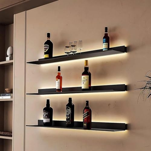 Schwebende Wandregale in Schwarz, wandmontiertes Bücherregal, Weinregal zur Wandmontage, Bücherregal aus Metall mit LED-Licht, Wandregal für Wohnzimmer,80cm