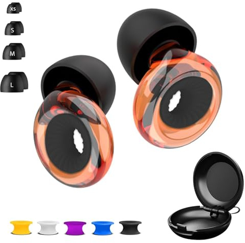 Reusable Ear Plugs for Sleep - Noise Cancelling, Snoring, Travel, and Concerts | 25dB Hearing Protection with Noise Reduction | Comes with 8 Ear Tips and XS/S/M/L - Black (Transparent Orange)