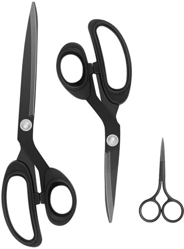 Uaugulft Stoffschere, Schneiderscheren-Set (8 Zoll und 10 Zoll) mit titanbeschichteten Klingen und Komfortgriff, Edelstahl-Nähschere, und kleine Storchenschere, schwarz, 3 Stück