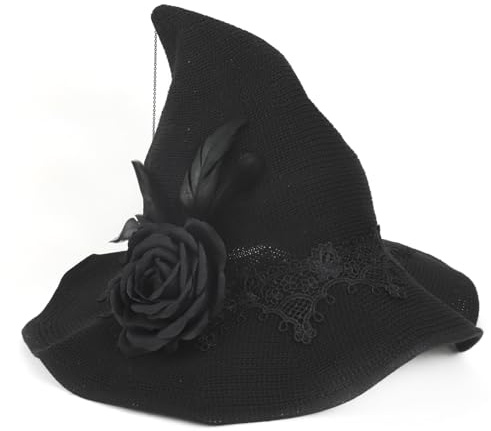 TINAYAUE Spitzer Hexenhut mit Rosen, Netz, Spitze, Nieten, Gläsern, Skeletthand Einzigartiger Zauberer Hut Weicher Hexenhut Hexe Kostüm Zubehör für Halloween, Karneval, Rollenspiel
