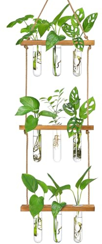 XXXFLOWER Station de propagation à suspendre au mur avec support en bois à 3 niveaux, 9 tubes à essai, kit de propagation de plantes pour boutures de plantes hydroponiques, tube à essai,