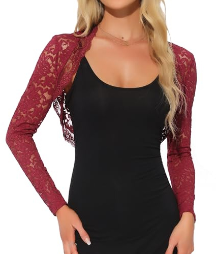 Allegra K Donna Coprispalle Elegante Cerimonia Bolero in Pizzo Sposa Cardigan Corta Giacca da Sera Estivo Rosso Scuro M
