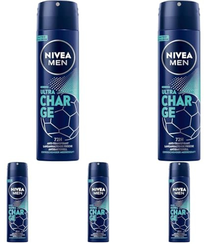 NIVEA MEN Deo Spray, Anti-Transpirant mit belebendem Meeresduft, zuverlässiges Deodorant mit 72h Schutz und 0% Ethylalkohol, Ultra Charge Limited Football Edition (150 ml) (Packung mit 5)