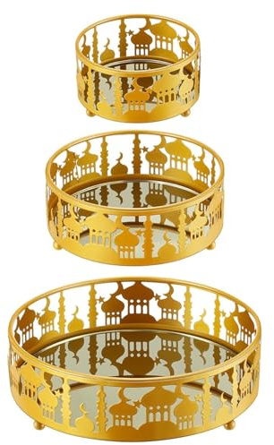 3Pcs Ramadan Tray, Ramadan Decorations for Home Table, Castle Cutout Metal Ramadan Plates Food Storage Container Eid Decorations Party Supplies Ramadan Gifts