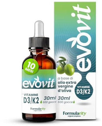 EVOVIT VITAMINA D3 K2 10 Mesi di Durata -In Olio Extravergine d'Oliva Italiano Spremuto a Freddo, Integratore Naturale ad Alta Biodisponibilità - Senza Zuccheri, Glutine, Lattosio, 30ml- Made in Italy
