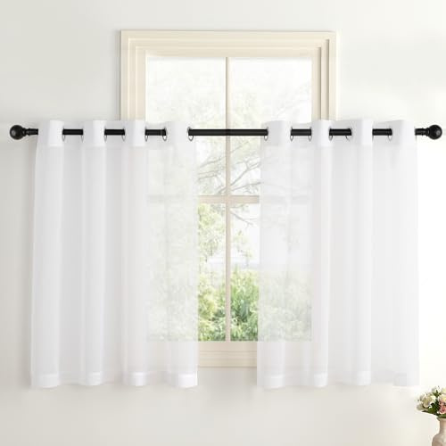 PONY DANCE Küche Scheibengardinen 90 cm Hoch Vorhang Weiß Transparent Ösen | 2er Set,H90 x B140 cm,Schrankvorhang,Schlafzimmer Bistrogardine Durchsichtig,Küchengardinen Kurz,Sanfte Lichtfilterung