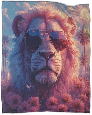 Pink Lion Wearing Sunglasses Throws,Soft And Warm Flowers Beach And City Printed Flannel Throws for Bed And Sofa 60x80inch(150x200cm)