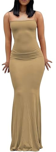 Abito da donna Cami Bodycon casual, basic, con spalline sottili, maxi abito TikTok Influencer, Cachi - 1, XS