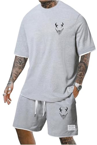 Mfhmom Trainingsanzug Herren Sommer Outfit Kurzarm T Shirt + Kurze Hose mit Taschen Horrible Bedruckte Hausanzug 2-Teilig Kurzärmliges Sommeranzug Sporthose Jogginganzug für Urlaub Strand Alltag