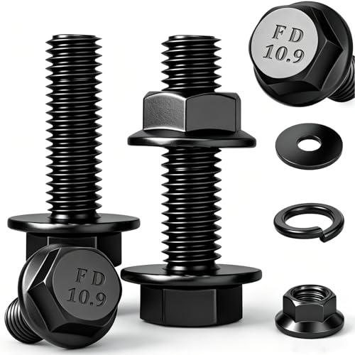 Ruibapa 5 Sets M10-1.5 x 35mm Flanged Hex Head Bolts,Flange Nuts,Flat & Lock Washers,10.9 Black Zinc Plated,Full Thread, Alloy Steel