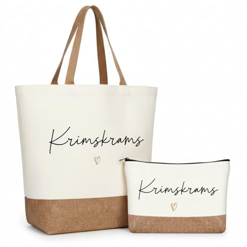Hestya Kosmetiktasche und Tragetasche Set, Klein Kulturtasche Make Up Tasche mit Spruch Stoff Einkaufstasche Geschenk zum Geburtstag Weihnachten für Frauen Mädchen Reise Organizer (Krimskrams)
