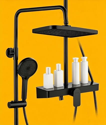 Sött duschsystem svart, justerbar höjd duscharmatur komplett set 360° rotation regndusch med kran, handdusch med tre spraylägen, 35 × 14 cm glashylla, 33 × 21 cm stor regndusch