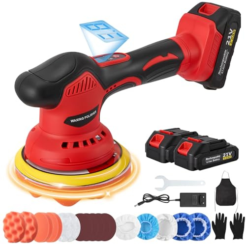 Haedswer Polisseuse de Voiture Sans Fil, 21V Lustreuse Polisseuse Voiture avec 2 Batteries, 8 Vitesses Variables 2800-5500 tr/min, Kit de Polisseuses Orbitale pour Détails Voitures, Polissage, Cirage