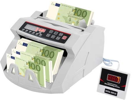 Geldzählmaschine mit UV/MG/IR Falschgelderkennung, Automatischer Banknotenzähler mit LED & externem Display, ≥900 Scheine/Min, 200er Kapazität, Tragbare Zählmaschine für verschiedene Währungen