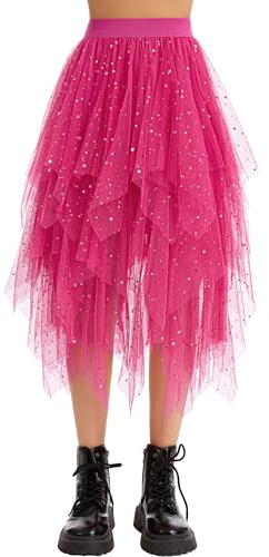 Lovasy Gonna Tulle Donna Lunga Paillettes Gonne Irregolare in Tulle Midi Plissettate Gonne Tutu a Strati Gonna in Rete Elegante per Carnevale Halloween Natale Party Prom,A-Rosso Rosa,S/M