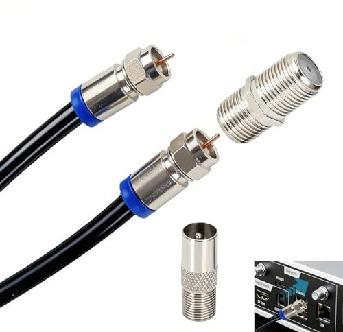Cavo coassiale TV RG6 1 m 75 Ohm, cavo antenna TV e satellitare con connettori F, accoppiatore F81 femmina e adattatori da F a IEC 9,5 mm, rame schermatura ad alte prestazioni fino a 3 GHz nero