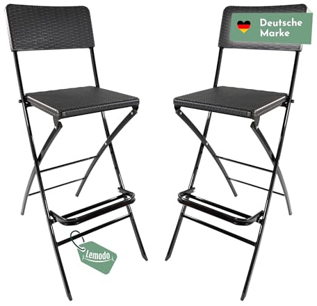 Lemodo Barhocker 2er Set, Klappbarer Barstuhl mit Fußstütze, Küchenhocker bis 120 kg belastbar, Bar Hocker mit Lehne und Sitzfläche aus Kunststoff in Rattanoptik, Barstühle