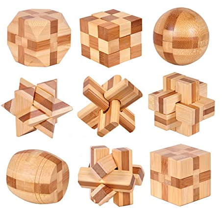 Holzsammlung 9 Stück Knobelspiele Holz, Geschicklichkeitsspiel Holz, Logikspiele IQ Spiele Geduldspiel Knobelspiele, 3D Mini Puzzle Denkspiele Spielzeug Geschenk Set für Erwachsene & Kinder, 4.5cm