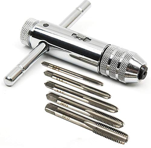 Deolven Gewindebohrer Set,Einstellbar HSS T-Form/T-Typ Hand Gewindeschneider und Schneideisen Gewindebohrer mit 5 Teilig Handgewindebohrer Maschinenspirale M3-M8 3mm-8mm