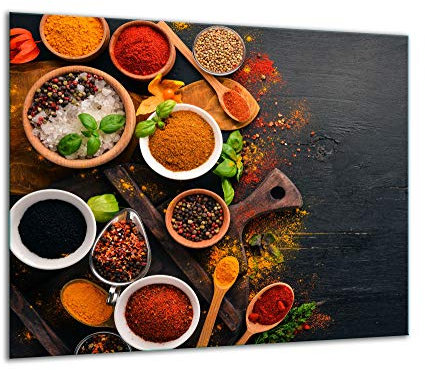 TMK Plaque de recouvrement, 60 x 52 cm, en verre, décorative, pour cuisinières électriques, à induction, anti-éclaboussures, planche à découper, motif épices