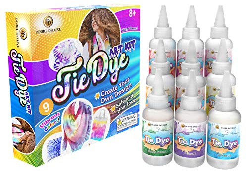 Desire Deluxe Tie Dye Kit – Farben Textilfarbe für Kleidung Permanent, Baumwolle – Kreatives Bastelset mit Farbpulver & Zubehör (9-Farben-Set)