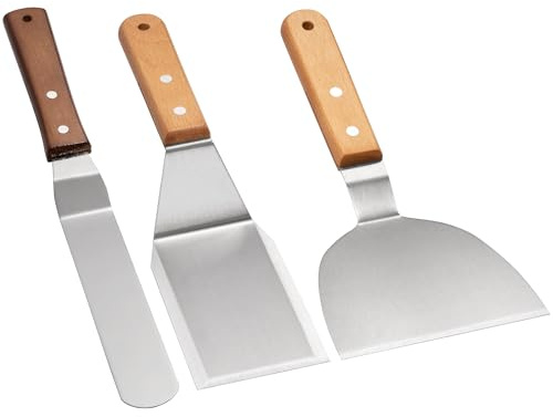 Elalove Set de 3 Spatules pour Plancha et Barbecue en Acier Inoxydable avec Manche en Bois - Spatule à Steak, Grattoir et Spatule Courbe