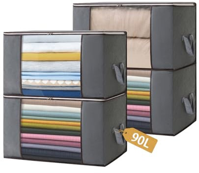 Boic 4 Piezas 90L Bolsas Almacenaje Ropa, Cajas Almacenaje Ropa, Cajas Almacenaje Plegable, Bolsas Para Guardar Ropa Con Mango Reforzado Para Guardar, Edredones, Mantas, Gris