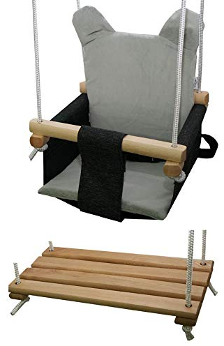 Holz Babyschaukel Kinderschaukel Holz Babywippe Zimmerschaukel Stoff Babysitz Baby Schaukel zum Aufhängen Sicherheitsgurt 2 in 1 Schaukel für Kinder Garten Indoor Outdoor (Graphit & Grau)