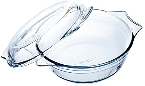 Ô Cuisine - Cacerola redonda de vidrio con tapa, de 9 x 24 x 20 cm, con capacidad de 1,6 litros. Recipiente de cristal para realizar labores en cocina o pastelería. Molde de cristal para horno.