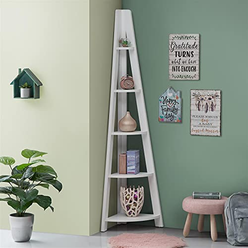 Timber Art Design UK Riva 5 Tier Corner Ladder Retro Open Wall Unit Shelving Scandinavia Contemporary Organiser For Modern Living Room Bedroom Hallway Furniture, White W34.2 x H175.4 x D34.2 cm