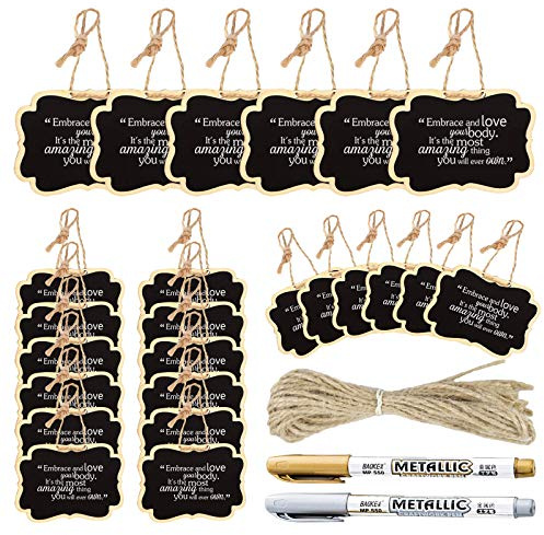 24 Pack Chalkboard Tags with String, 2.36x3.35 Inch Mini Wood Chalkboards Signs with Gold and Silver Markers, Giyipripi Hanging Chalkboard Labels Massage Board Signs, Price Tags